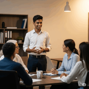 The image depicts a business meeting or presentation.